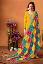 Tasteful Yellow Color Chinon Fabric Partywear Suit