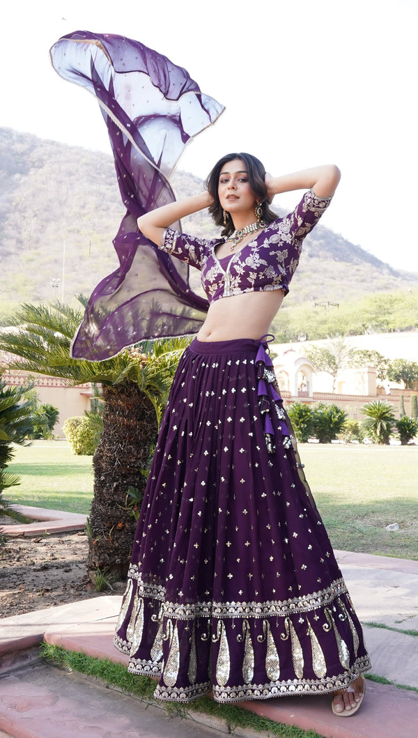 Glowing Voilet Color Georgette Fabric Party Wear Lehenga
