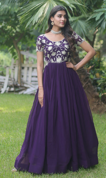 Tempting Voilet Color Blooming Fabric Gown
