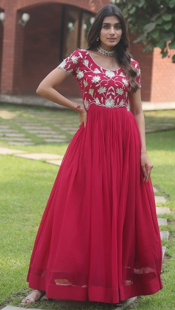 Tempting Magenta Color Blooming Fabric Gown