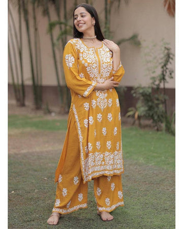 Lovely Yellow Color Rayon Fabric Casual Kurti with Bottom