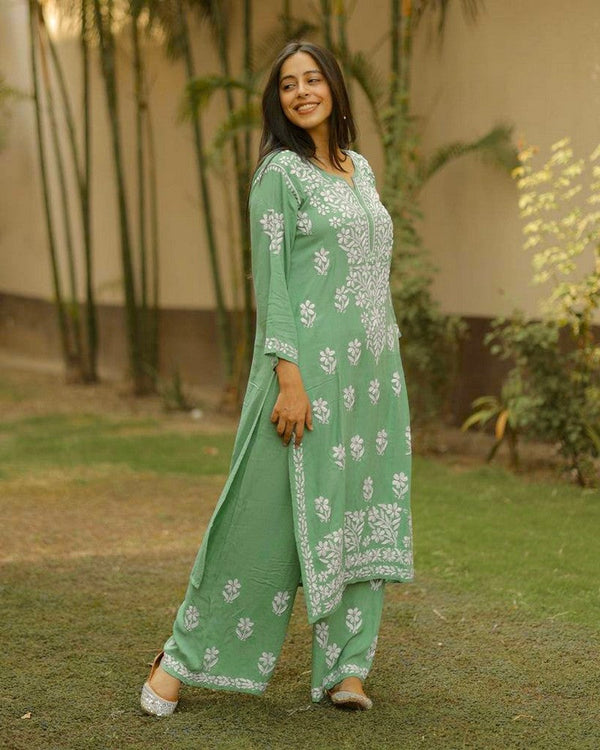 Lovely Green Color Rayon Fabric Casual Kurti with Bottom