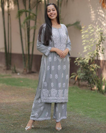Lovely Grey Color Rayon Fabric Casual Kurti with Bottom