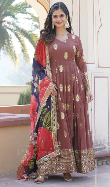 Striking Brown Color Georgette Fabric Gown