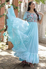 Dazzling Aqua Color Georgette Fabric Gown