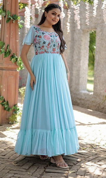 Dazzling Aqua Color Georgette Fabric Gown