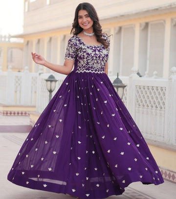Dazzling Purple Color Blooming Fabric Gown