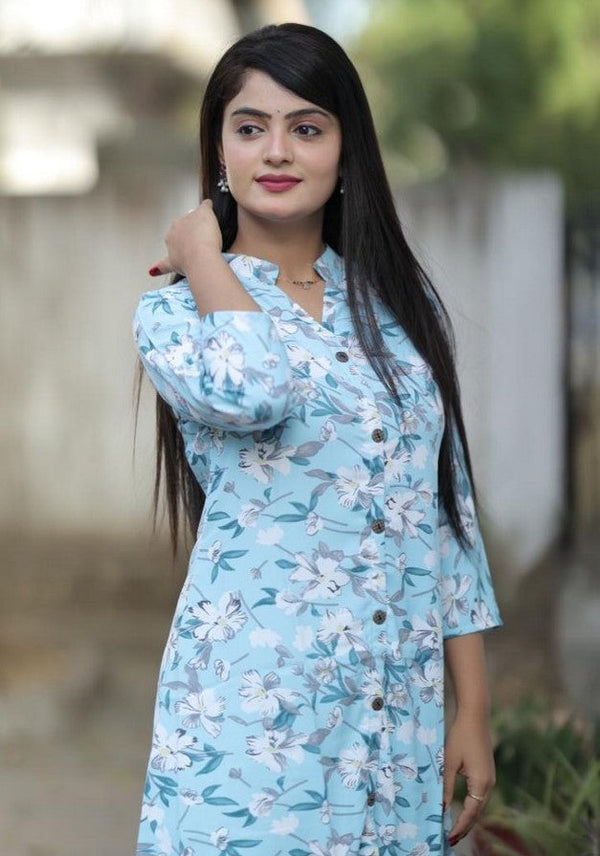 Lovely Aqua Color Rayon Fabric Designer Kurti With Bottom