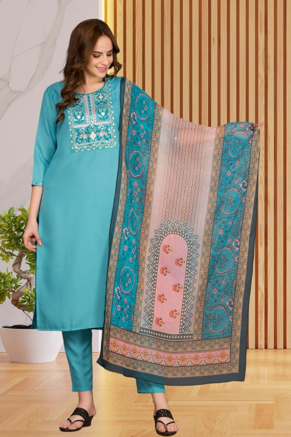 Divine Aqua Color Rayon Fabric Casual Suit