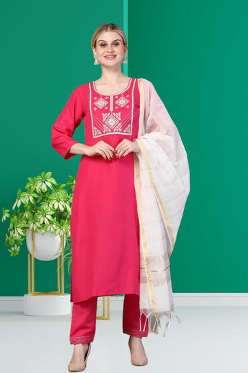 Divine Red Color Rayon Fabric Casual Suit