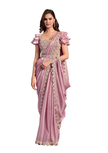 Pretty Pink Color Satin Fabric Readymade Saree with Belt