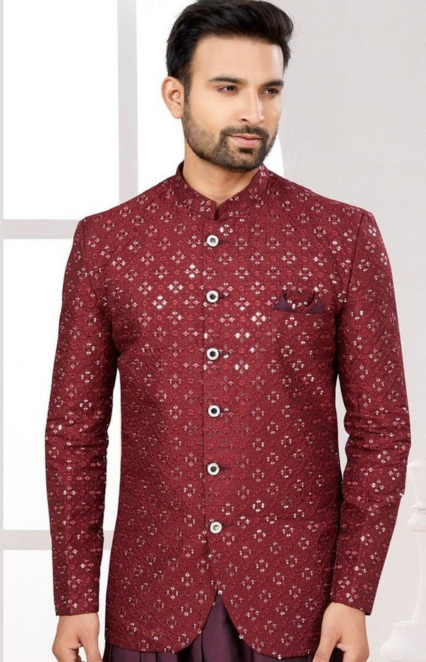 Amazing Maroon Color Satin Fabric Mens Indowestern