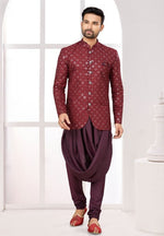 Amazing Maroon Color Satin Fabric Mens Indowestern