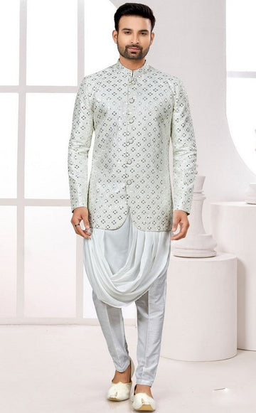 Amazing White Color Satin Fabric Mens Indowestern