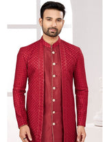 Amazing Maroon Color Jacquard Fabric Mens Indowestern