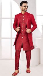 Amazing Maroon Color Jacquard Fabric Mens Indowestern