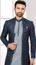 Amazing Navy Blue Color Jacquard Fabric Mens Indowestern