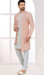 Amazing Peach Color Jacquard Fabric Mens Indowestern