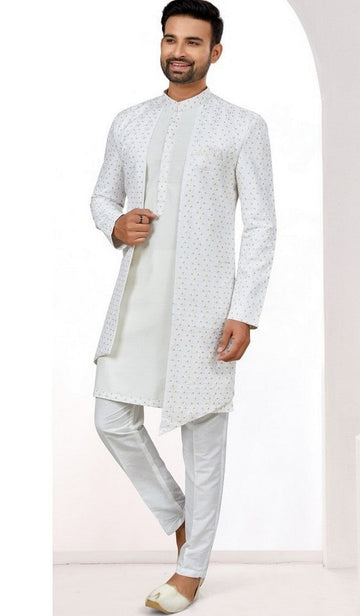 Amazing White Color Jacquard Fabric Mens Indowestern