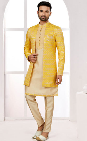 Amazing Yellow Color Art Silk Fabric Mens Indowestern