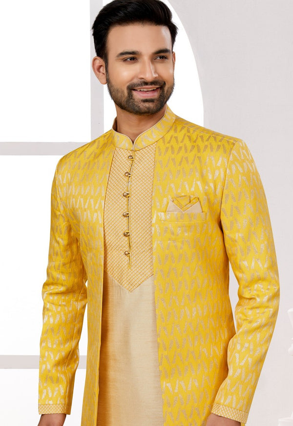 Amazing Yellow Color Art Silk Fabric Mens Indowestern