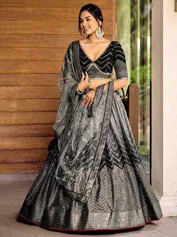 Dazzling Black Color Chinon Fabric Party Wear Lehenga