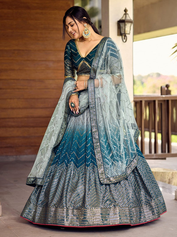 Dazzling Teal Color Chinon Fabric Party Wear Lehenga