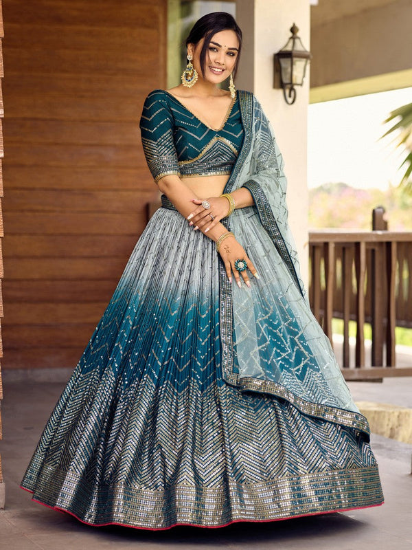 Dazzling Teal Color Chinon Fabric Party Wear Lehenga