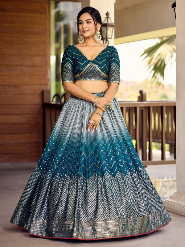 Dazzling Teal Color Chinon Fabric Party Wear Lehenga