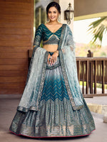 Dazzling Teal Color Chinon Fabric Party Wear Lehenga