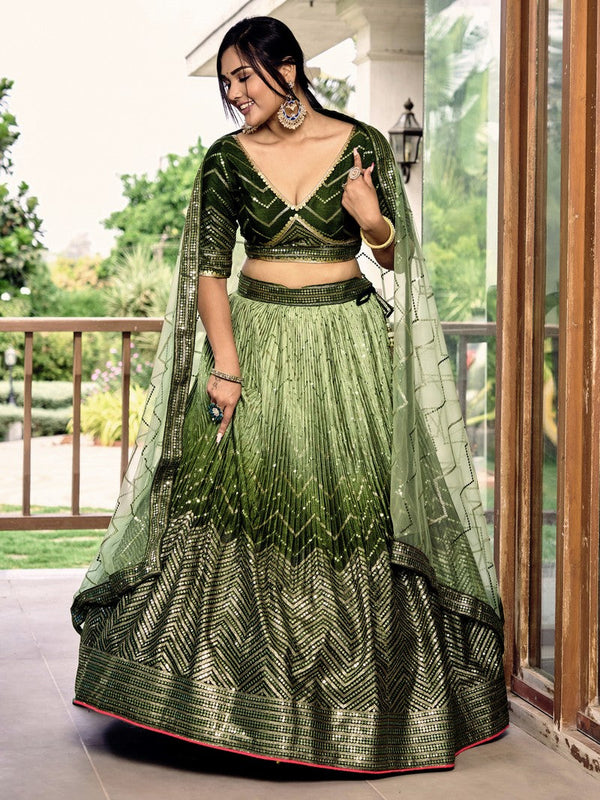 Dazzling Green Color Chinon Fabric Party Wear Lehenga