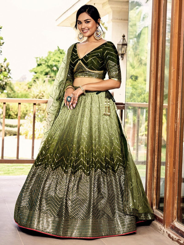 Dazzling Green Color Chinon Fabric Party Wear Lehenga