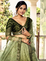 Dazzling Green Color Chinon Fabric Party Wear Lehenga