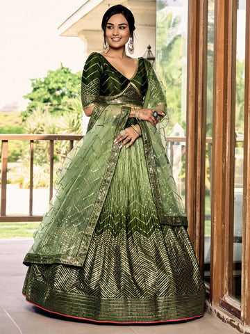 Dazzling Green Color Chinon Fabric Party Wear Lehenga
