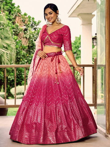 Dazzling Pink Color Chinon Fabric Party Wear Lehenga
