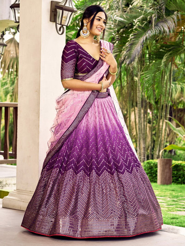Dazzling Purple Color Chinon Fabric Party Wear Lehenga
