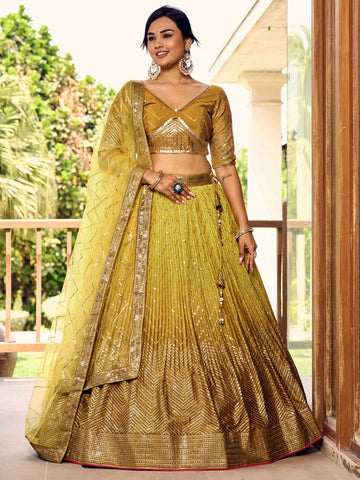 Dazzling Mustard Color Chinon Fabric Party Wear Lehenga