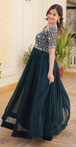 Dazzling Teal Color Blooming Fabric Gown