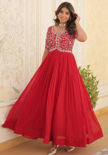 Dazzling Red Color Blooming Fabric Gown