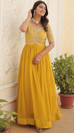 Dazzling Yellow Color Blooming Fabric Gown