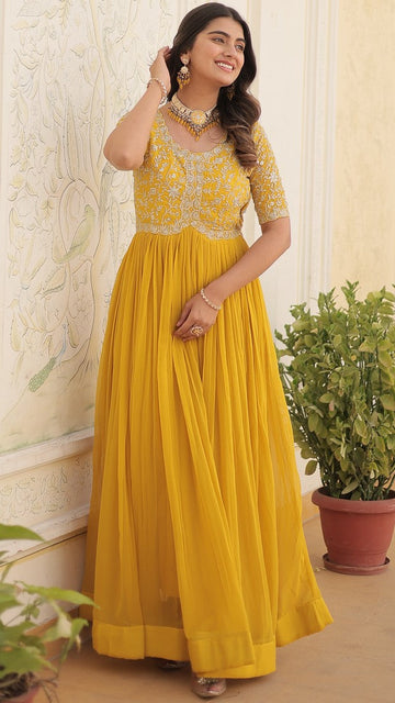 Dazzling Yellow Color Blooming Fabric Gown