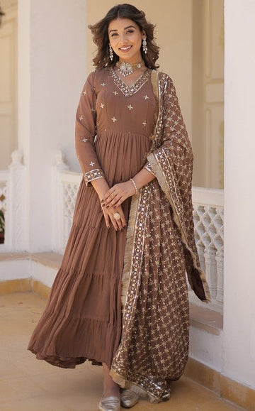 Striking Brown Color Georgette Fabric Gown