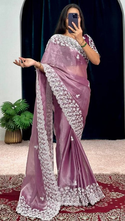 Grand Purple Color Burberry Fabric Partywear Saree