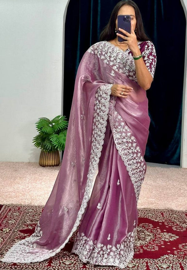 Grand Purple Color Burberry Fabric Partywear Saree