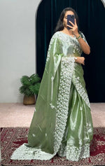 Grand Green Color Burberry Fabric Partywear Saree