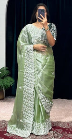 Grand Green Color Burberry Fabric Partywear Saree