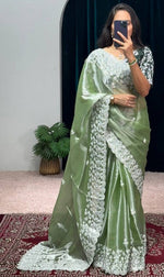 Grand Green Color Burberry Fabric Partywear Saree