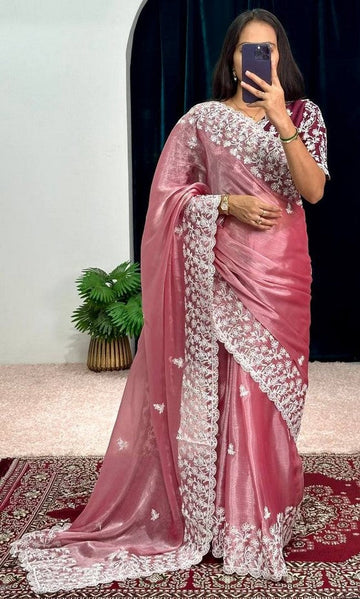 Grand Pink Color Burberry Fabric Partywear Saree