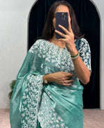 Grand Turquoise Color Burberry Fabric Partywear Saree