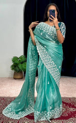 Grand Turquoise Color Burberry Fabric Partywear Saree